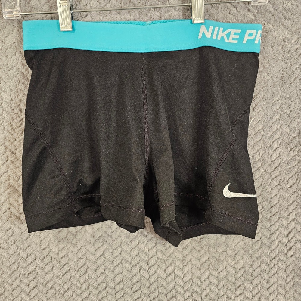 Nike Pro Dri-FIT Womens Compression Shorts Black Turquoise Waistband Size M